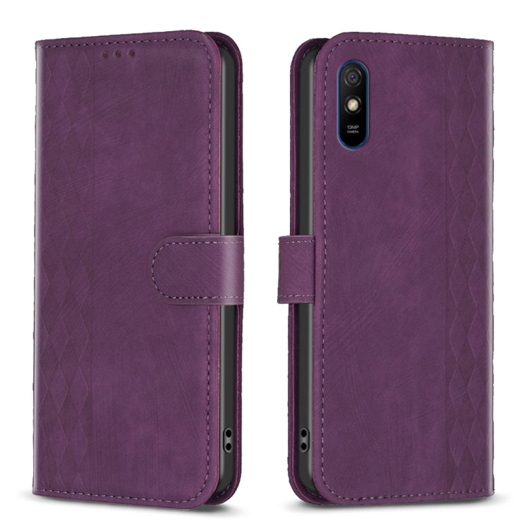 For Xiaomi Redmi 9A Plaid Embossed Leather Phone Case(Purple) - Xiaomi Cases by buy2fix | Online Shopping UK | buy2fix