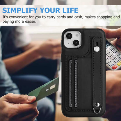 For iPhone 14 Shockproof Leather Phone Case with Wrist Strap(Black) - iPhone 14 Cases by buy2fix | Online Shopping UK | buy2fix