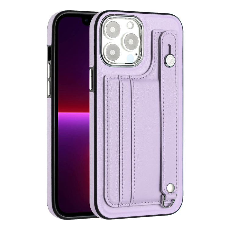 For iPhone 15 Pro Shockproof Leather Phone Case with Wrist Strap(Purple) - iPhone 15 Pro Cases by buy2fix | Online Shopping UK | buy2fix