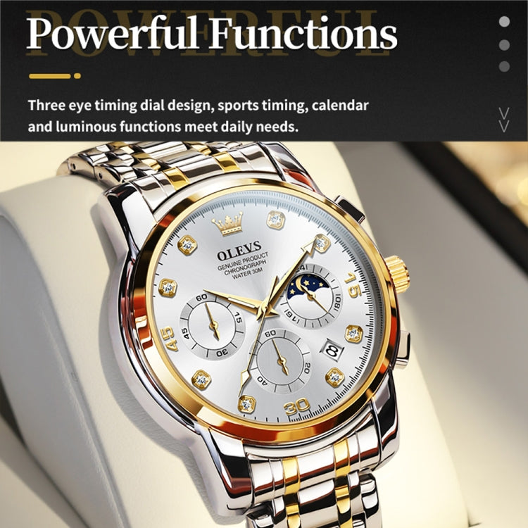 OLEVS 2889 Men Multifunctional Luminous Waterproof Quartz Watch(White + Gold) - Metal Strap Watches by OLEVS | Online Shopping UK | buy2fix