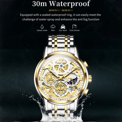OLEVS 9947 Men Multifunctional Hollow Waterproof Quartz Watch(White + Gold) - Metal Strap Watches by OLEVS | Online Shopping UK | buy2fix