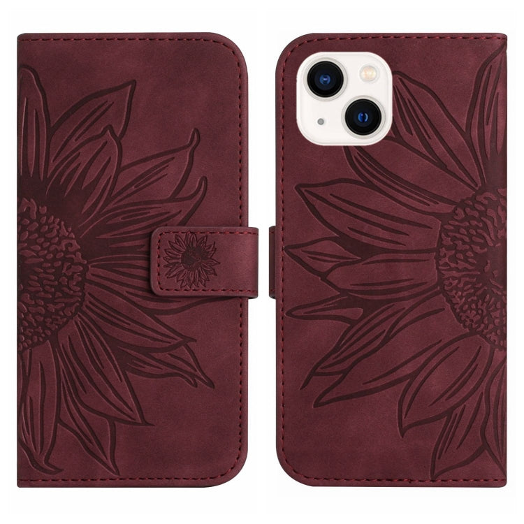 For iPhone 15 Skin Feel Sun Flower Embossed Flip Leather Phone Case with Lanyard(Wine Red) - iPhone 15 Cases by buy2fix | Online Shopping UK | buy2fix