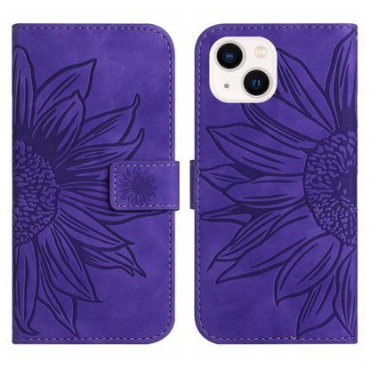 For iPhone 15 Plus Skin Feel Sun Flower Embossed Flip Leather Phone Case with Lanyard(Dark Purple) - iPhone 15 Plus Cases by buy2fix | Online Shopping UK | buy2fix