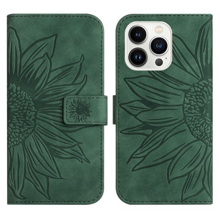 For iPhone 15 Pro Max Skin Feel Sun Flower Embossed Flip Leather Phone Case with Lanyard(Green) - iPhone 15 Pro Max Cases by buy2fix | Online Shopping UK | buy2fix