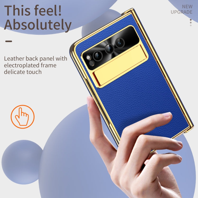For Google Pixel Fold Litchi Pattern Electroplating Folding Phone Case with Hinge(Royal Blue) - Google Cases by buy2fix | Online Shopping UK | buy2fix