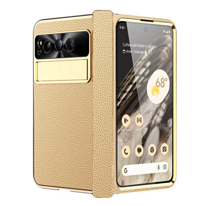 For Google Pixel Fold Litchi Pattern Electroplating Folding Phone Case with Hinge(Gold) - Google Cases by buy2fix | Online Shopping UK | buy2fix