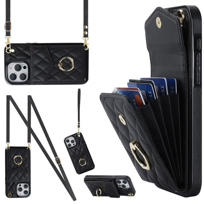 For iPhone 15 Pro Max Rhombic Texture Card Bag Phone Case with Long Lanyard(Black) - iPhone 15 Pro Max Cases by buy2fix | Online Shopping UK | buy2fix