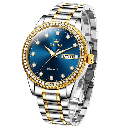 OLEVS 7003 Men Multifunctional Waterproof Mechanical Watch(Gold + Blue) - Metal Strap Watches by OLEVS | Online Shopping UK | buy2fix