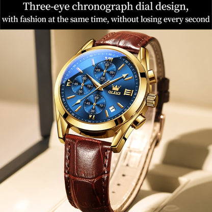 OLEVS 2872 Men Three Eyes Six Needles Chronograph Waterproof Quartz Watch(Blue + Gold) - Leather Strap Watches by OLEVS | Online Shopping UK | buy2fix