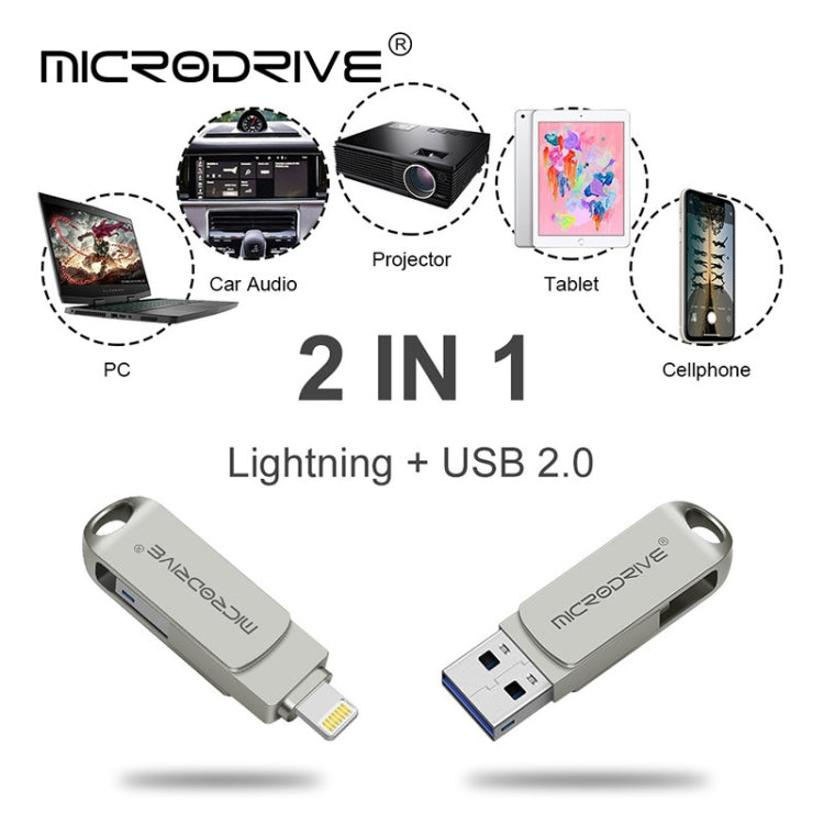 MicroDrive 2 In 1  8 Pin + USB 2.0 Portable Metal USB Flash Disk, Capacity:32GB(Silver) - USB Flash Drives by MICRODRIVE | Online Shopping UK | buy2fix