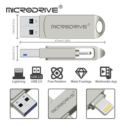 MicroDrive 2 In 1  8 Pin + USB 2.0 Portable Metal USB Flash Disk, Capacity:128GB(Silver) - USB Flash Drives by MICRODRIVE | Online Shopping UK | buy2fix