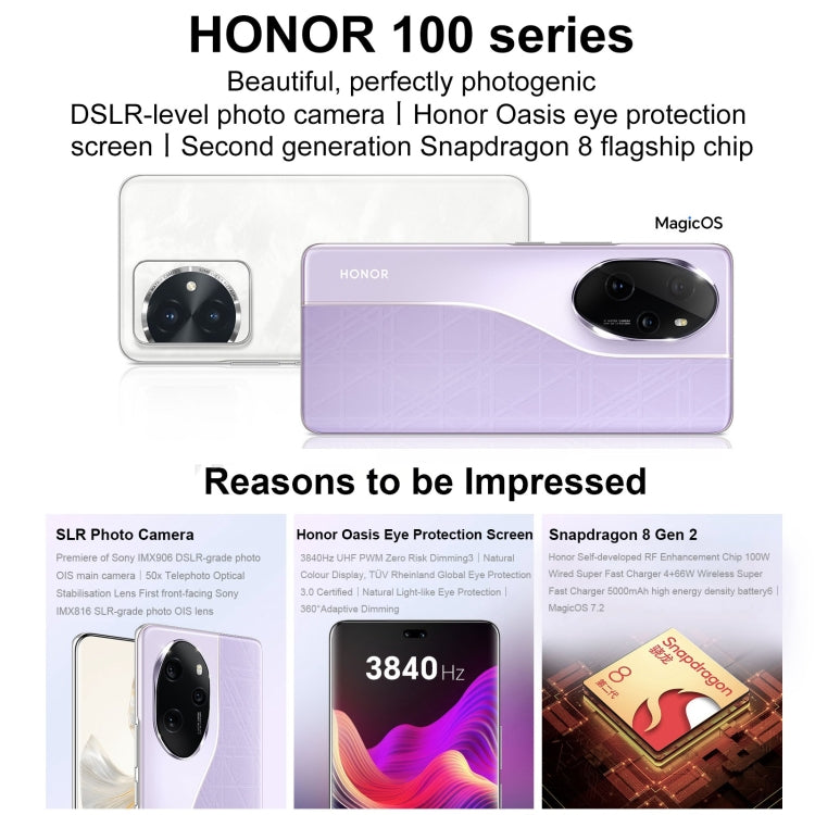 Honor 100 Pro, 12GB+256GB, Screen Fingerprint Identification, 6.78 inch MagicOS 7.2 Snapdragon 8 Gen 2 Octa Core up to 3.19GHz, Network: 5G, NFC, OTG, Support Google Play(White) - Honor by Huawei | Online Shopping UK | buy2fix