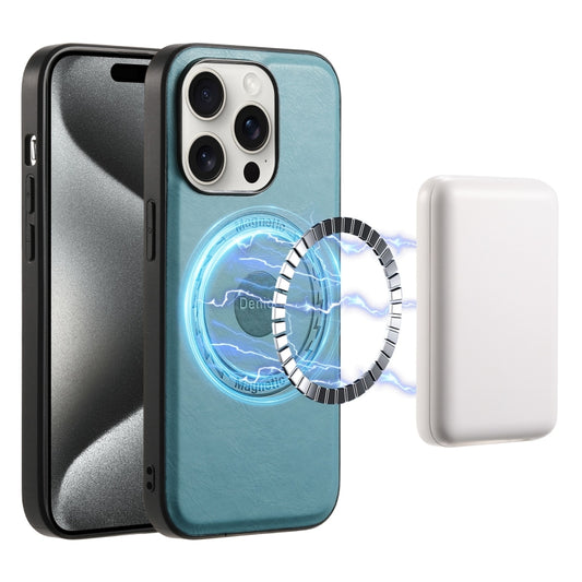 For iPhone 15 Pro Max Denior Cowhide Texture Leather MagSafe Phone Case(Blue) - iPhone 15 Pro Max Cases by Denior | Online Shopping UK | buy2fix