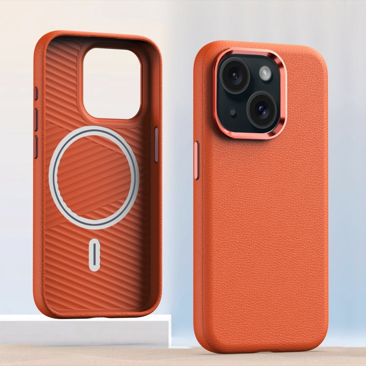 For iPhone 15 Plus Metal Lens Frame Leather Magsafe Full Coverage Shockproof Phone Case(Orange) - iPhone 15 Plus Cases by buy2fix | Online Shopping UK | buy2fix