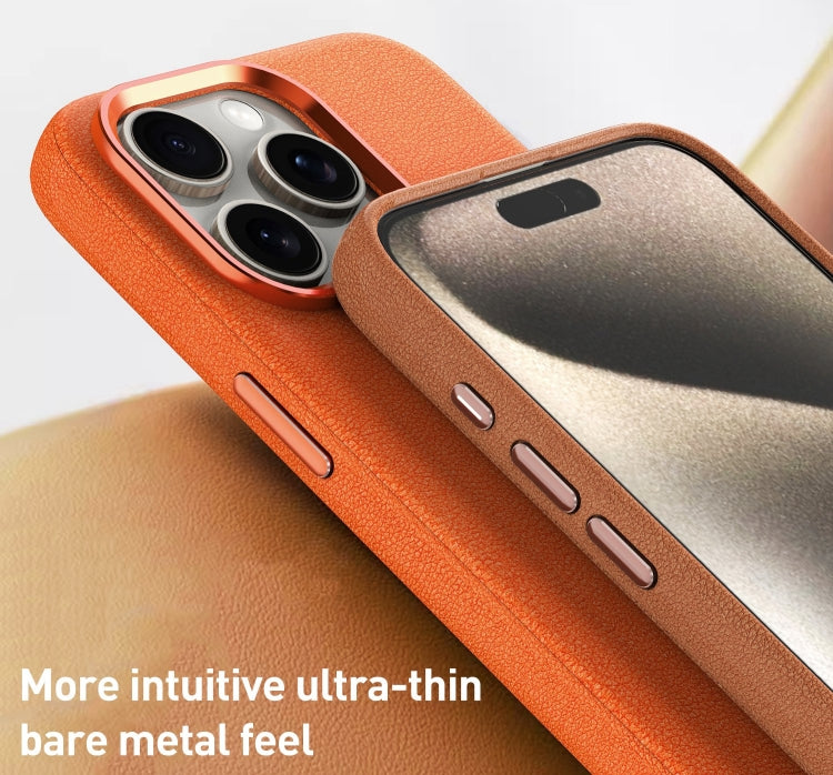 For iPhone 15 Plus Metal Lens Frame Leather Magsafe Full Coverage Shockproof Phone Case(Orange) - iPhone 15 Plus Cases by buy2fix | Online Shopping UK | buy2fix