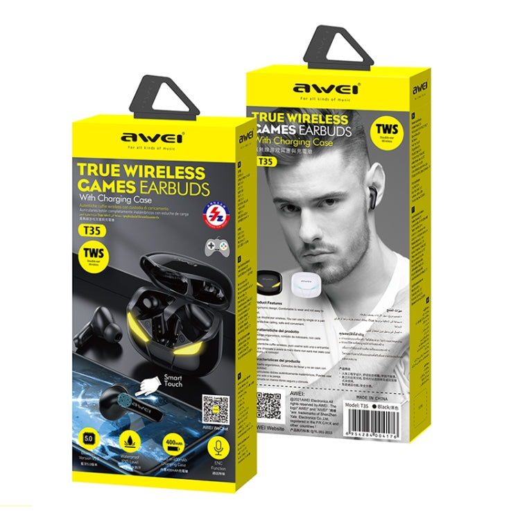 awei T35 Bluetooth V5.0 Ture Wireless Sports Game Dual Mode IPX5 Waterproof TWS Headset with Charging Case (Black) - TWS Earphone by awei | Online Shopping UK | buy2fix