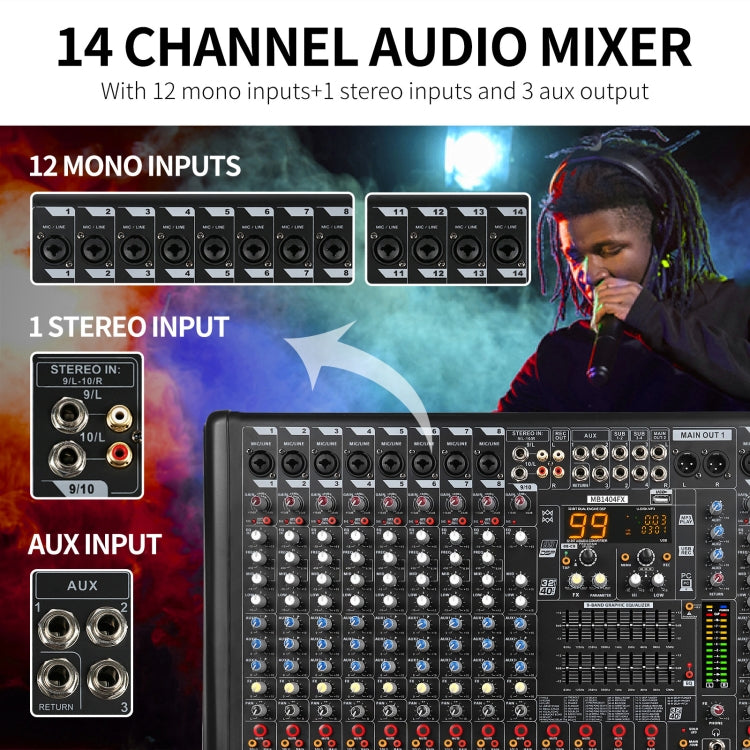 XTUGA B1404FX 14 Channels Bluetooth Audio Mixer Digital DJ Controller Sound Mixing Console (US Plug) - Live Sound Effects Processors by XTUGA | Online Shopping UK | buy2fix