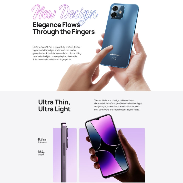 Ulefone Note 16 Pro, 8GB+256GB, Dual Back Cameras, Face ID & Side Fingerprint Identification, 4400mAh Battery, 6.52 inch Android 13 Unisoc T606 Octa Core up to 1.6GHz, Network: 4G, Dual SIM, OTG (Purple) - Ulefone by Ulefone | Online Shopping UK | buy2fix