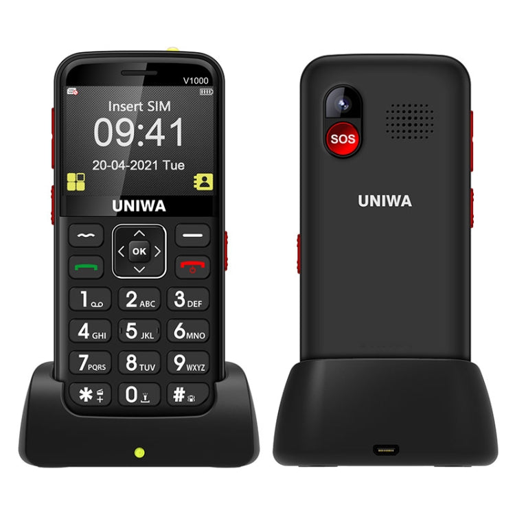 UNIWA V1000 4G Elder Mobile Phone, 2.31 inch, UNISOC TIGER T117, 1800mAh Battery, 21 Keys, Support BT, FM, MP3, MP4, SOS, Torch, Network: 4G, with Docking Base(Black) - UNIWA by UNIWA | Online Shopping UK | buy2fix