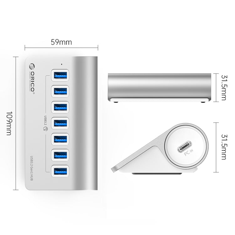 ORICO M3U7 Aluminum Alloy 7-Port USB 3.2 Gen1 5Gbps HUB with 1m Cable(Silver) - USB 3.0 HUB by ORICO | Online Shopping UK | buy2fix