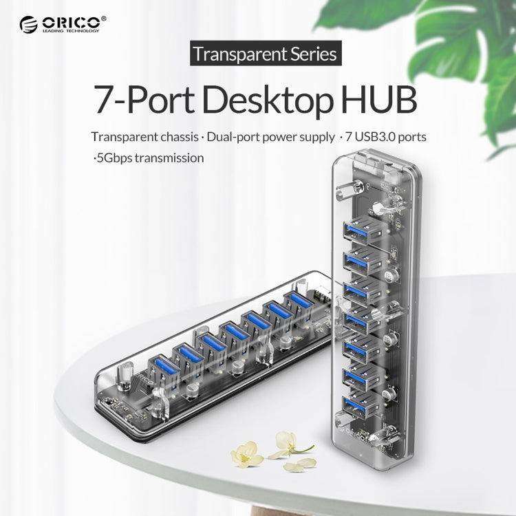 ORICO F7U 7 x USB 3.0 Ports 5Gbps Fast Transmission Desktop HUB with Blue LED Indicator Light (Transparent) - USB 3.0 HUB by ORICO | Online Shopping UK | buy2fix