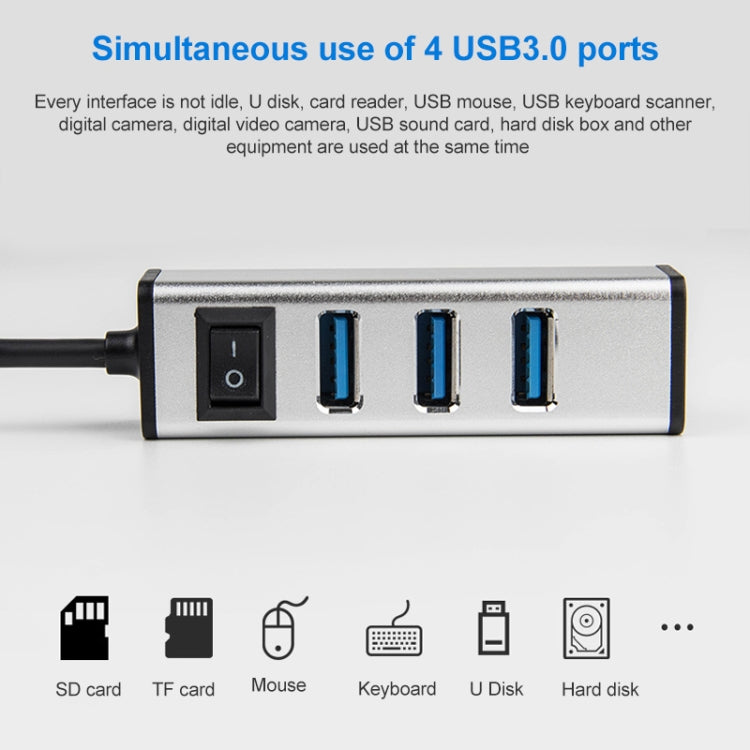 USB to 4 USB 3.0 Ports Aluminum Alloy HUB with Switch(Silver) - USB 3.0 HUB by buy2fix | Online Shopping UK | buy2fix