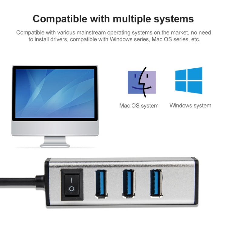 USB to 4 USB 3.0 Ports Aluminum Alloy HUB with Switch(Silver) - USB 3.0 HUB by buy2fix | Online Shopping UK | buy2fix