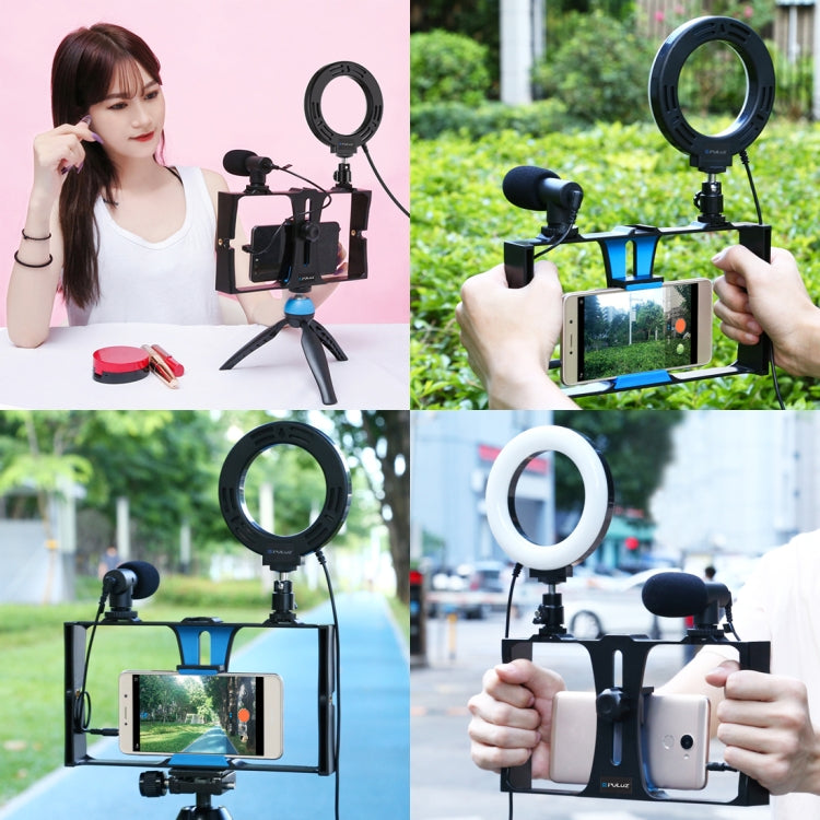 PULUZ 4 in 1 Vlogging Live Broadcast Smartphone Video Rig + 4.7 inch 12cm Ring LED Selfie Light Kits with Microphone + Tripod Mount + Cold Shoe Tripod Head for iPhone, Galaxy, Huawei, Xiaomi, HTC, LG, Google, and Other Smartphones(Blue) - Camera Accessories by PULUZ | Online Shopping UK | buy2fix