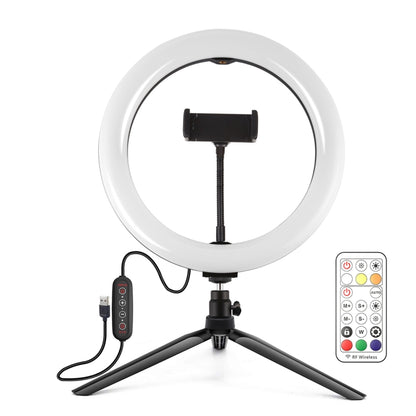 PULUZ 10.2 inch 26cm Marquee LED RGBWW Selfie Beauty Light + Desktop Tripod Mount 168 LED Dual-color Temperature Dimmable Ring Vlogging Photography Video Lights with Cold Shoe Tripod Ball Head & Remote Control & Phone Clamp(Black) - Ring Light by PULUZ | Online Shopping UK | buy2fix