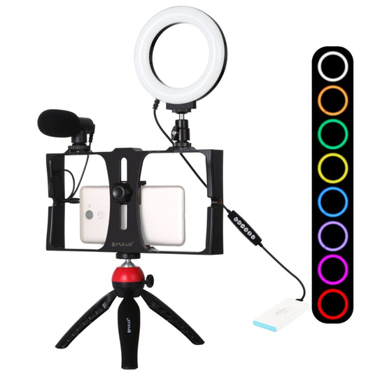 PULUZ 4 in 1 Vlogging Live Broadcast Smartphone Video Rig + 4.7 inch 12cm RGBW Ring LED Selfie Light + Microphone + Pocket Tripod Mount Kits with Cold Shoe Tripod Head(Red) - Camera Accessories by PULUZ | Online Shopping UK | buy2fix