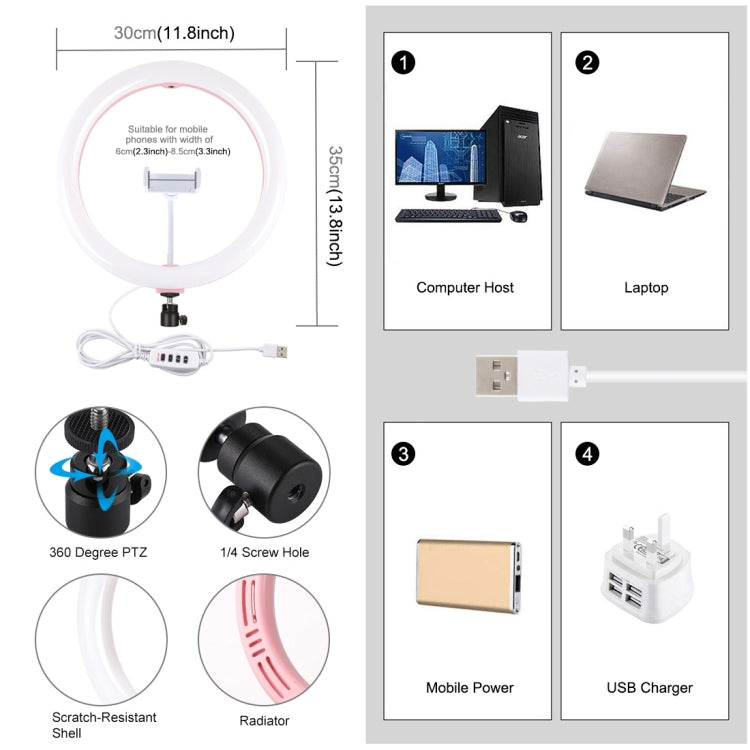 PULUZ 11.8 inch 30cm USB 3 Modes Dimmable Dual Color Temperature LED Curved Diffuse Light Ring Vlogging Selfie Photography Video Lights with Phone Clamp(Pink) - Consumer Electronics by PULUZ | Online Shopping UK | buy2fix