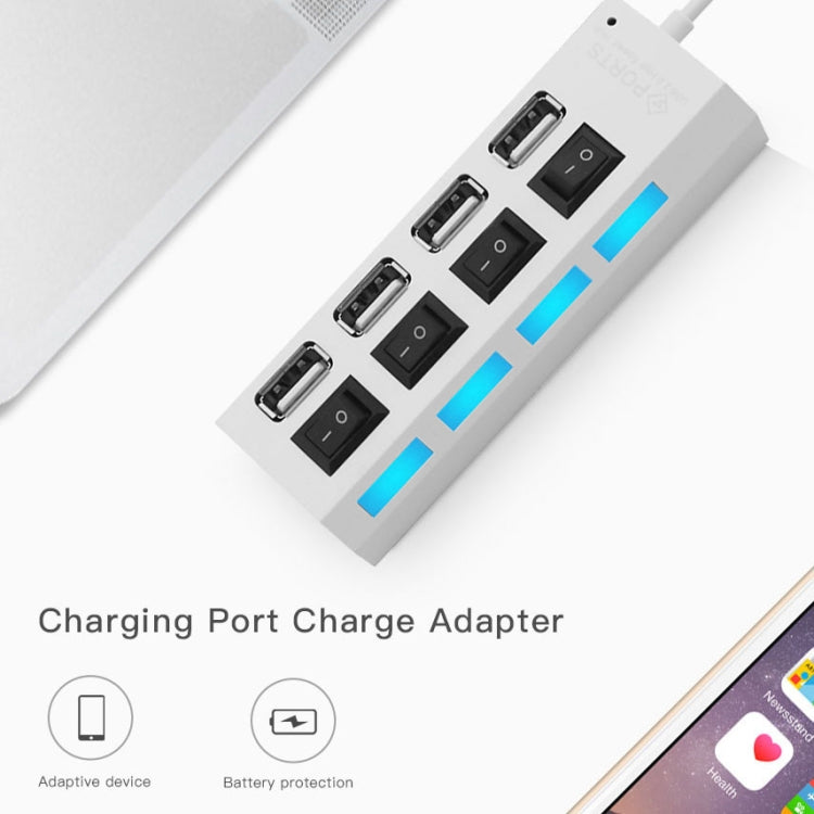 4 Ports USB Hub 2.0 USB Splitter High Speed 480Mbps with ON/OFF Switch, 4 LED(White) - USB 2.0 HUB by buy2fix | Online Shopping UK | buy2fix