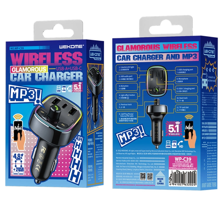 WK WP-C39 USB+USB-C/Type-C MP3 Bluetooth Car Fast Charger(Black) - Bluetooth Car Kits by WK | Online Shopping UK | buy2fix