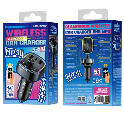 WK WP-C39 USB+USB-C/Type-C MP3 Bluetooth Car Fast Charger(Black) - Bluetooth Car Kits by WK | Online Shopping UK | buy2fix