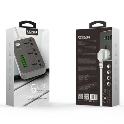 LDNIO SC3604 6 x USB Ports Multi-function Travel Home Office Socket, Cable Length: 2m, EU Plug - Extension Socket by LDNIO | Online Shopping UK | buy2fix