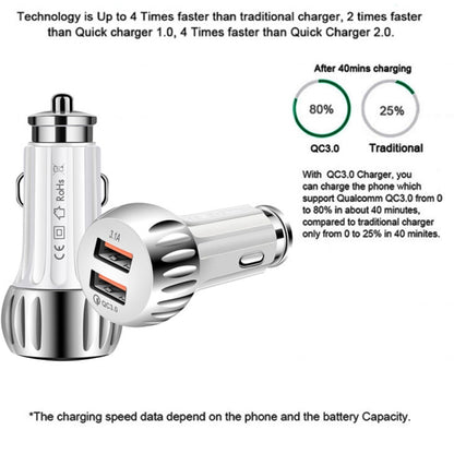 YSY-310QC18W QC3.0 Dual Port USB Car Charger + 3A USB to Micro USB Data Cable, Cable Length: 1m(White) - In Car by buy2fix | Online Shopping UK | buy2fix