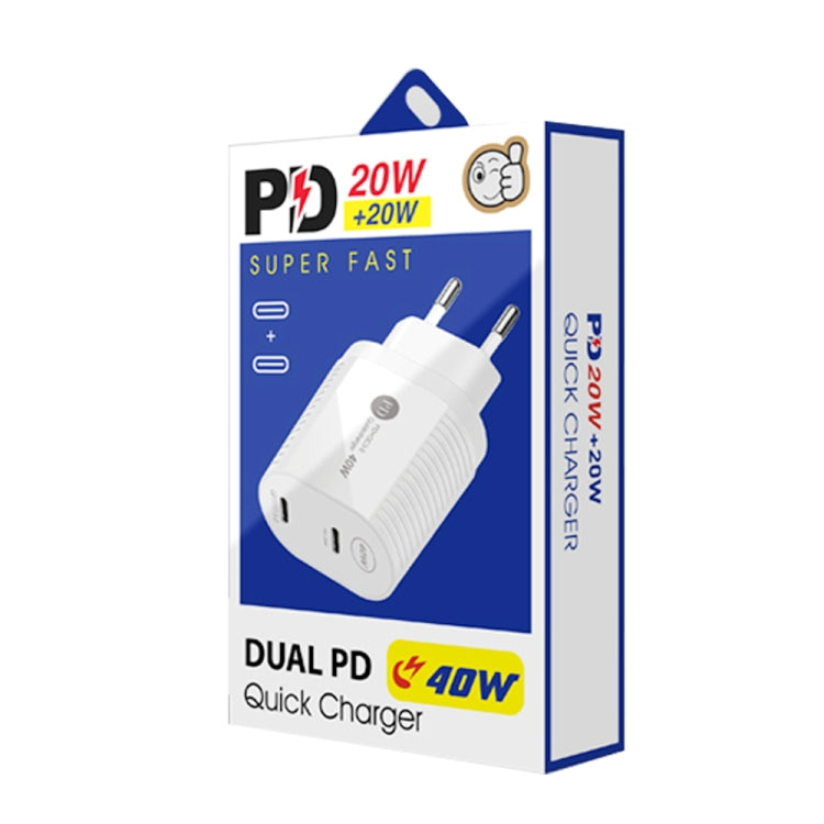 40W Dual Port PD / Type-C Fast Charger with Type-C to 8 Pin Data Cable, EU Plug(White) - USB Charger by buy2fix | Online Shopping UK | buy2fix