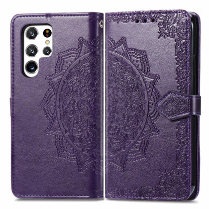 For Samsung Galaxy S22 Ultra 5G Mandala Flower Embossed Horizontal Flip Leather Case with Holder & Card Slots & Wallet & Lanyard(Purple) - Samsung Accessories by buy2fix | Online Shopping UK | buy2fix