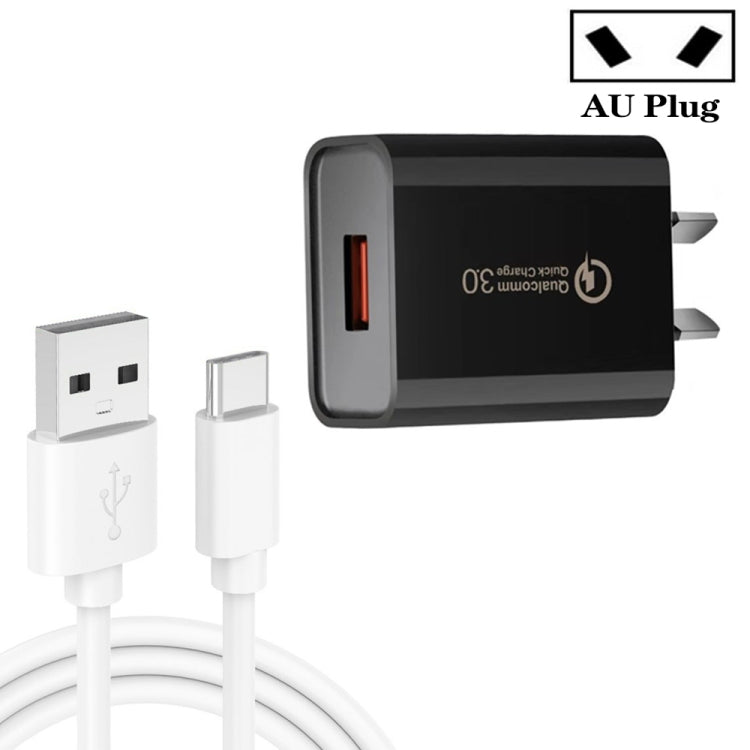 CA-25 QC3.0 USB 3A Fast Charger with 1m USB to Type-C Data Cable, AU Plug(Black) - Mobile Accessories by buy2fix | Online Shopping UK | buy2fix