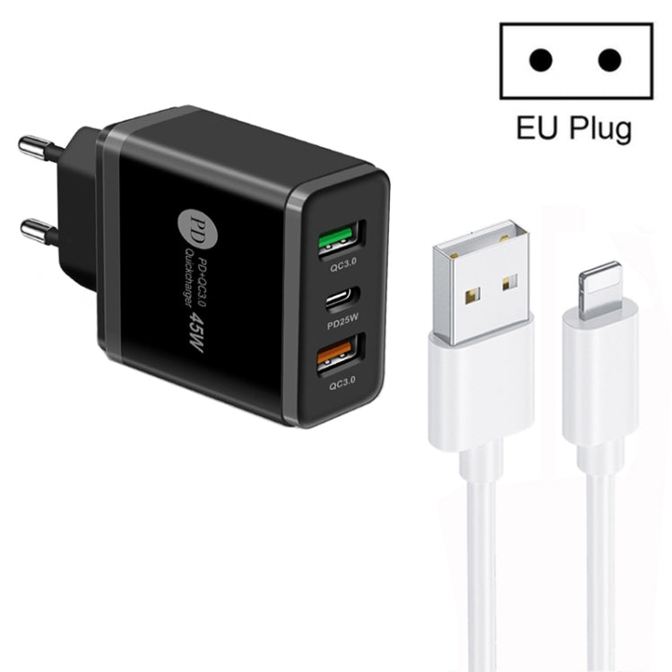 45W PD25W + 2 x QC3.0 USB Multi Port Charger with USB to 8 Pin Cable, EU Plug(Black) - USB Charger by buy2fix | Online Shopping UK | buy2fix