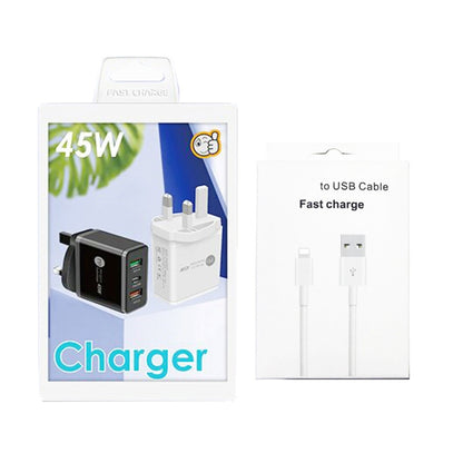 45W PD25W + 2 x QC3.0 USB Multi Port Charger with USB to 8 Pin Cable, UK Plug(Black) - Apple Accessories by buy2fix | Online Shopping UK | buy2fix