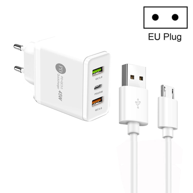 45W PD25W + 2 x QC3.0 USB Multi Port Charger with USB to Micro USB Cable, EU Plug(White) - Mobile Accessories by buy2fix | Online Shopping UK | buy2fix