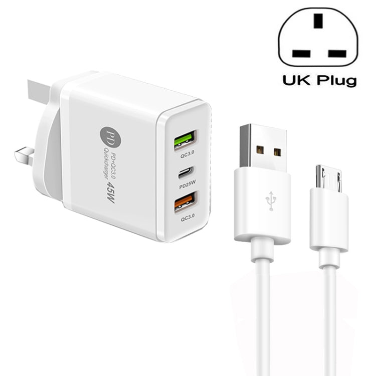 45W PD25W + 2 x QC3.0 USB Multi Port Charger with USB to Micro USB Cable, UK Plug(White) - Mobile Accessories by buy2fix | Online Shopping UK | buy2fix