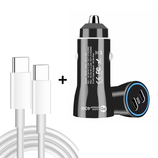 TE-P8 40W PD20W + PD20W Dual Port PD3.0 Car Charger with Type-c to Type-C Data Cable, Length: 1m(Black) - In Car by buy2fix | Online Shopping UK | buy2fix