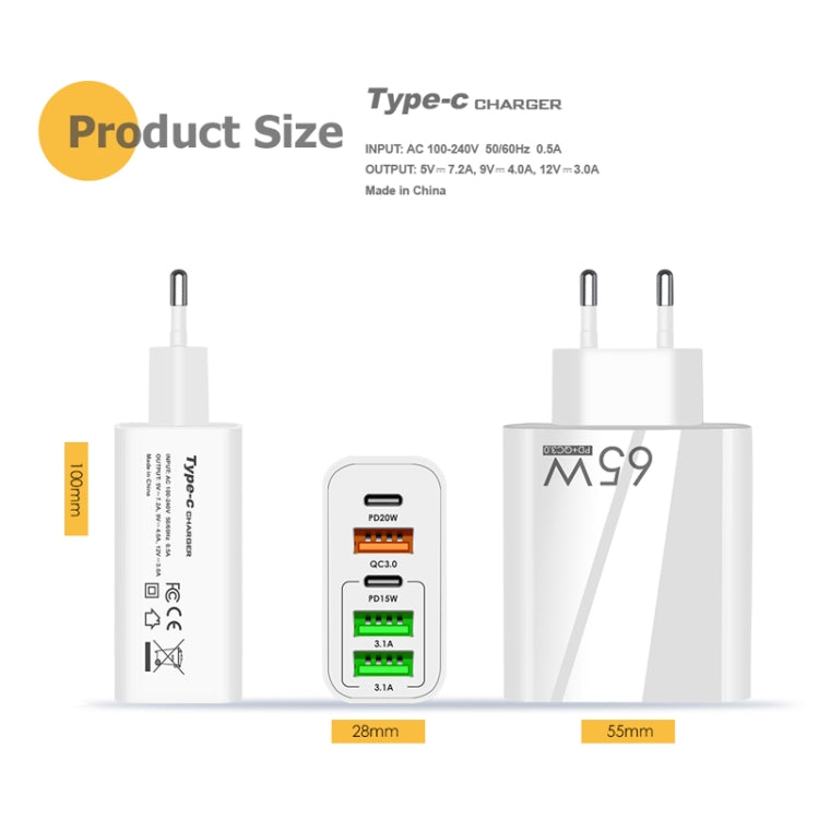 65W Dual PD Type-C + 3 x USB Multi Port Charger with 3A USB to 8 Pin Data Cable, UK Plug(White) - USB Charger by buy2fix | Online Shopping UK | buy2fix