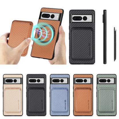 For Google Pixel 7 Pro Carbon Fiber Leather Card Magsafe Phone Case(Khaki) - Google Cases by buy2fix | Online Shopping UK | buy2fix