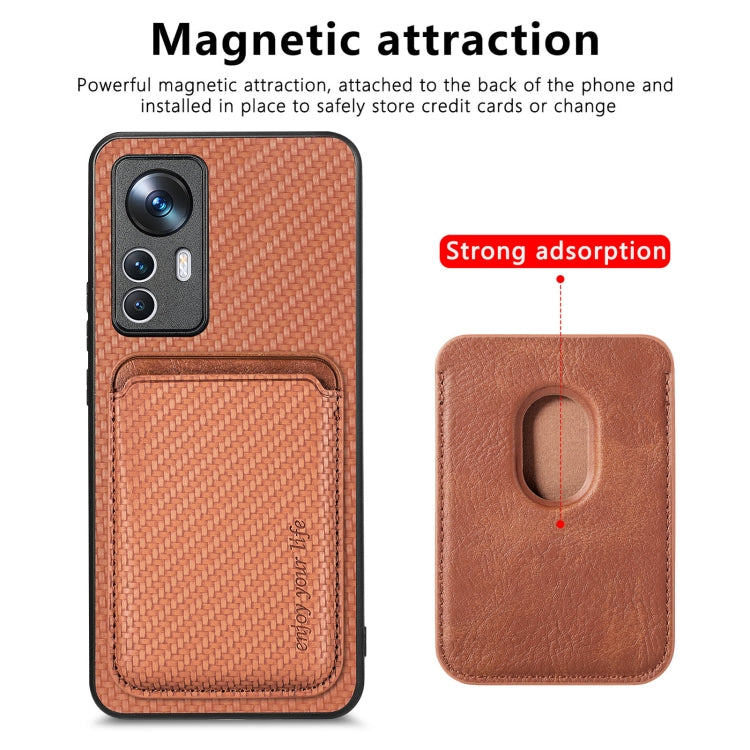 For Xiaomi 12T Carbon Fiber Leather Card Magsafe Phone Case(Brown) - Xiaomi Cases by buy2fix | Online Shopping UK | buy2fix