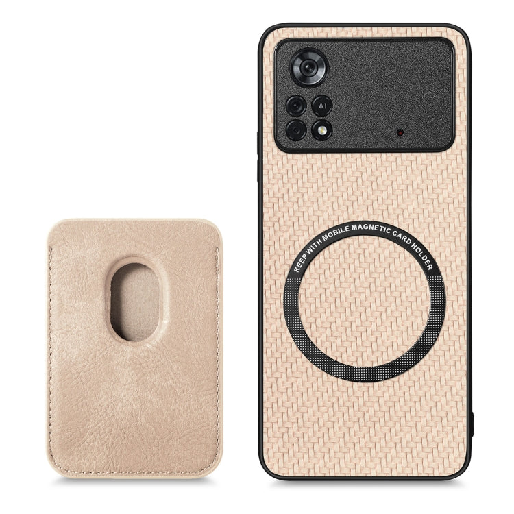 For Xiaomi Poco X4 Pro 5G Carbon Fiber Leather Card Magsafe Magnetic Phone Case(Khaki) - Poco X4 Pro 5G Cases by buy2fix | Online Shopping UK | buy2fix