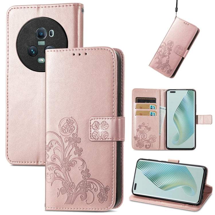 For Honor Magic5 Pro Four-leaf Clasp Embossed Buckle Leather Phone Case(Rose Gold) - Honor Cases by buy2fix | Online Shopping UK | buy2fix