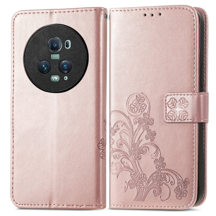 For Honor Magic5 Pro Four-leaf Clasp Embossed Buckle Leather Phone Case(Rose Gold) - Honor Cases by buy2fix | Online Shopping UK | buy2fix